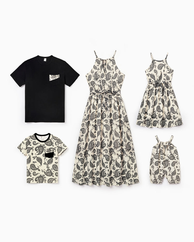 Conjuntos Familiares a Juego con Estampado Paisley Vestido sin Mangas con Tirantes Finos y Camiseta de Algodón para Mamá, Papá y Niños Perfecto para Salidas Familiares y Fotos
 Negro