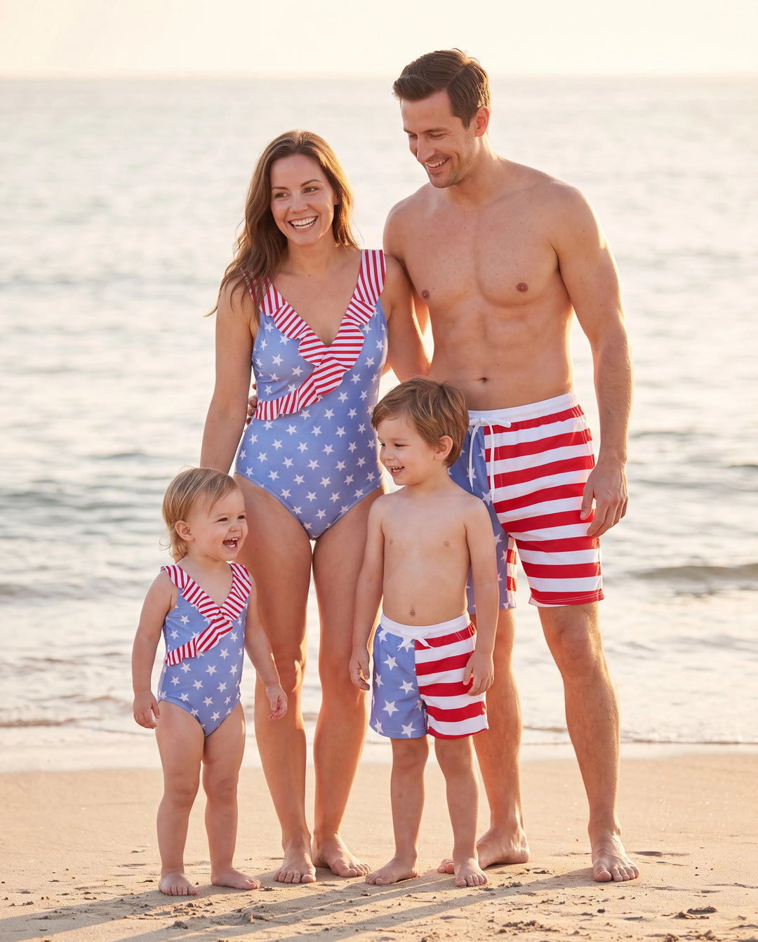 Trajes de baño patrióticos a juego para la familia, Día de la Independencia, 4 de julio, con estrellas y rayas, pantalones cortos o capas con volantes, trajes de baño de una pieza con cuello en V, azules