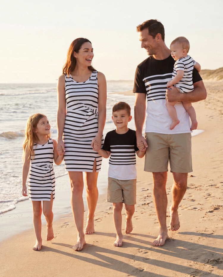 Family Matching Cotton Set Schwarz-weiß gestreiftes T-Shirt oder Träger-Bodycon-Kleid  Schwarz+Weiß