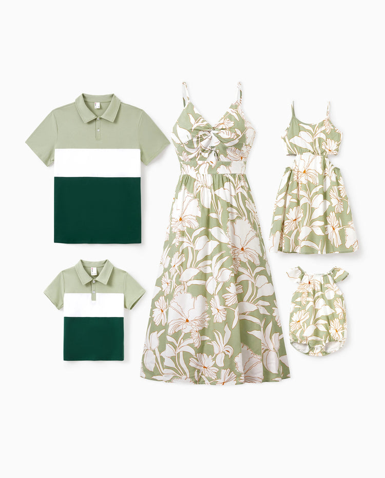 Matching Family Outfits Tropical Floral Print Strap Dress or Short-sleeve Colorblock Shirts Set Pale Green
