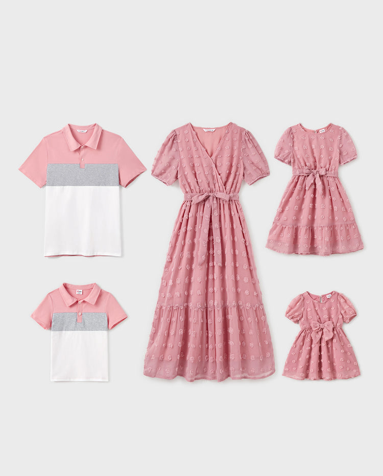Family Matching Pink Set Solid Colorblock Polo collar Short-sleeve Shirt or Ruffle-sleeve Belted Dress Pink
