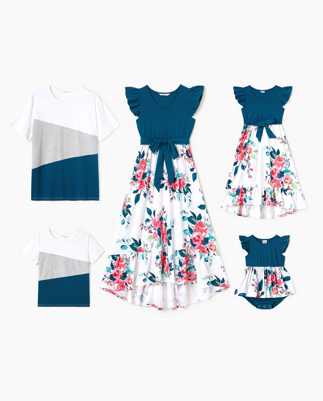 Family Matching Solid V Neck Flutter-sleeve Splicing Floral Print Dresses and Short-sleeve Colorblock T-shirts Sets Azure-