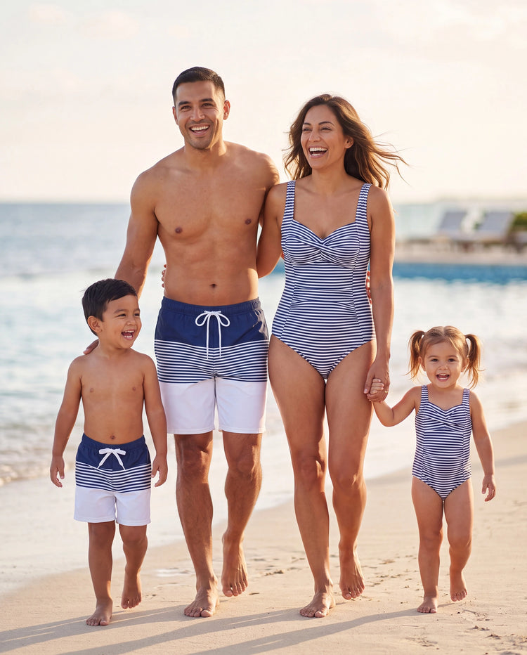 Traje de baño de rayas a juego para toda la familia o traje de baño de una pieza con tirantes azul oscuro y blanco
