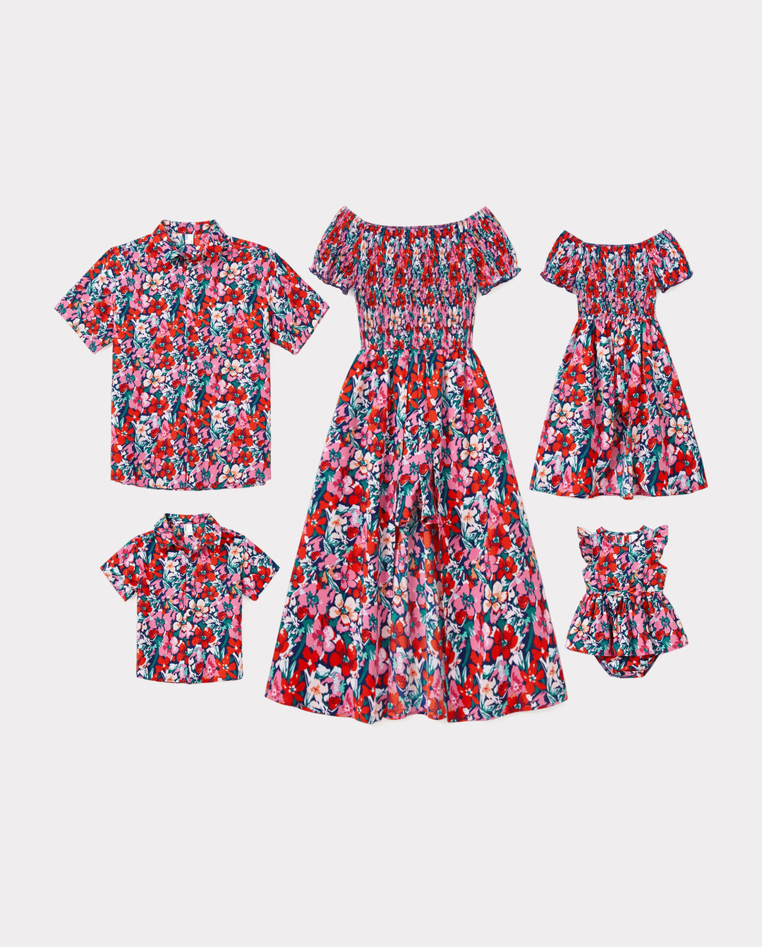 Family Matching Floral Print Short-sleeve Shirt or Off Shoulder Smocking Dresses Set Dark Blue