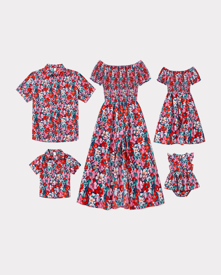 Family Matching Floral Print Short-sleeve Shirt or Off Shoulder Smocking Dresses Set Dark Blue