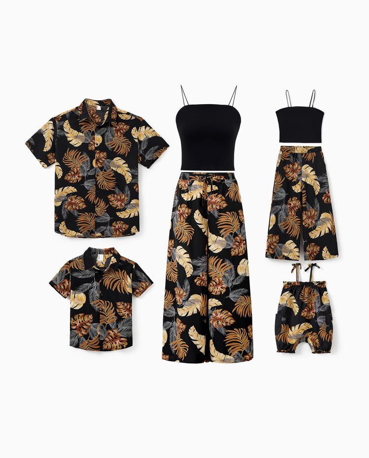 Ensemble de plage à imprimé floral assorti pour toute la famille, chemise à manches courtes ou haut caraco et pantalon large pour les vacances d'été, noir et blanc