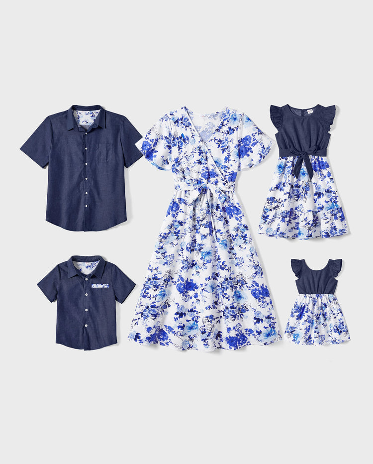 Elegante traje familiar floral de grosor medio, manga corta y corte regular en azul.