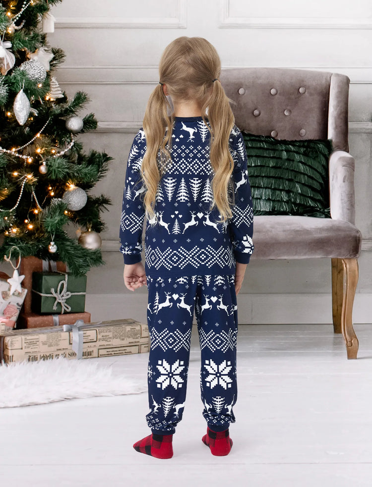 Christmas Matching Family Pajamas Set Christmas Tree and Reindeer Pattern Allover Long-sleeve Dark Blue PJS with Christmas Socks
 Deep Blue