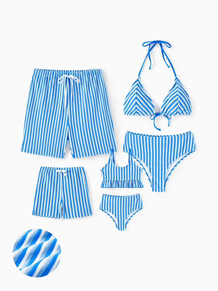 Family Matching Towel Swimwear Blue Stripe Swim Trunks or two-piece Bikini swimsuit Blue