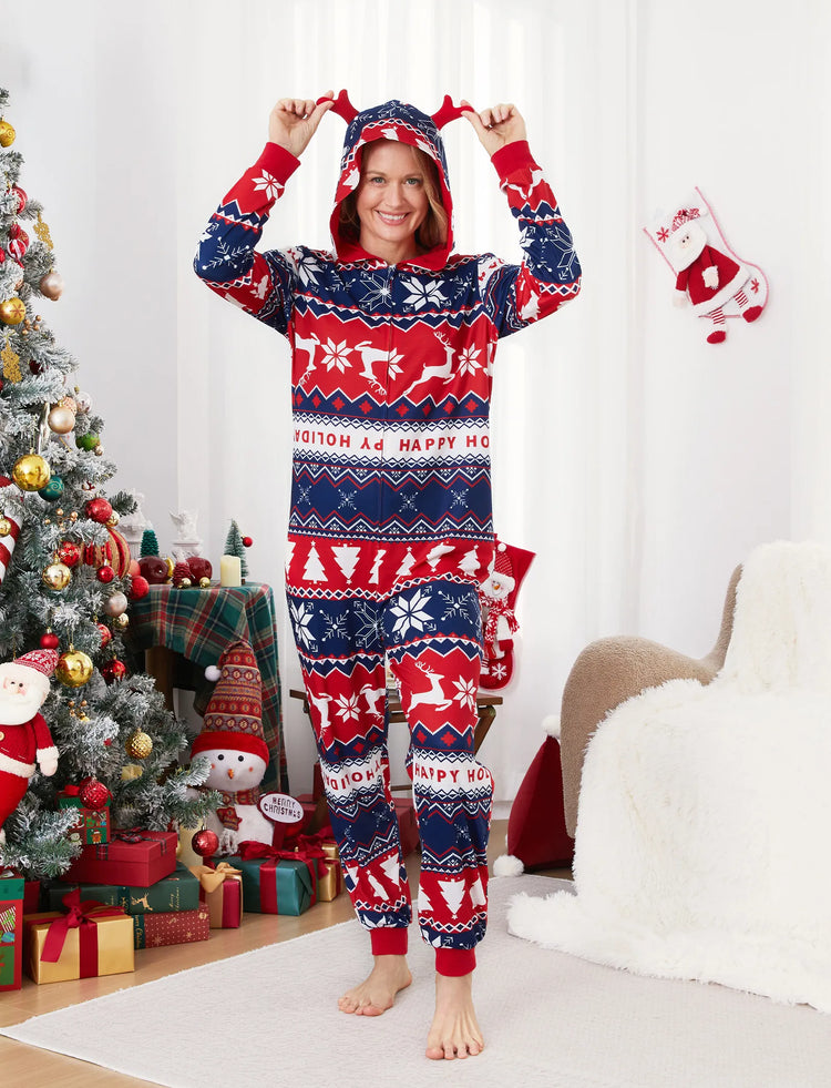 Christmas Matching Family Pajamas Set 3D Reindeer Hooded Allover Snowflake Print Red and Blue Onesie PJS with Christmas Socks Red-2