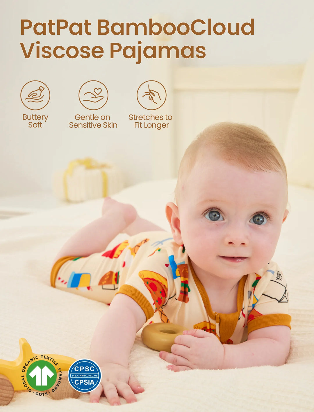 Bambus Baby Jungen/Mädchen 2-Wege Reißverschluss-Strampler mit Anti-Rutsch und kindlichem Essensmuster, Bambus-Schlafanzug (eng anliegend), Braun