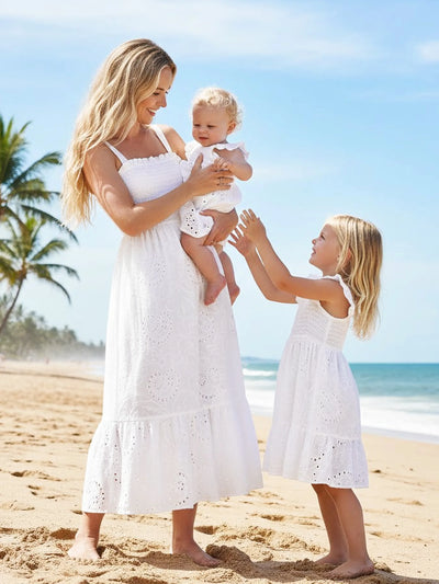 Matching Mom & Me Cotton Dress Eyelet Smocked Dresses with Ruffled Straps, Perfect for Summer Outings & Family Photos White