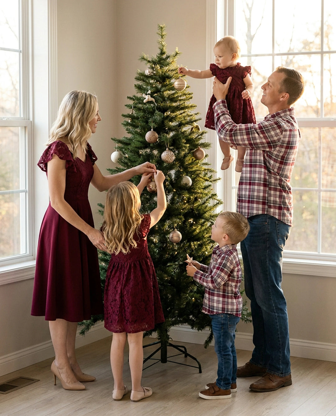 Family Matching Sets Plaid Shirt or Red Wine Lace Ruffle Sleeve A-Line Dress WineRed