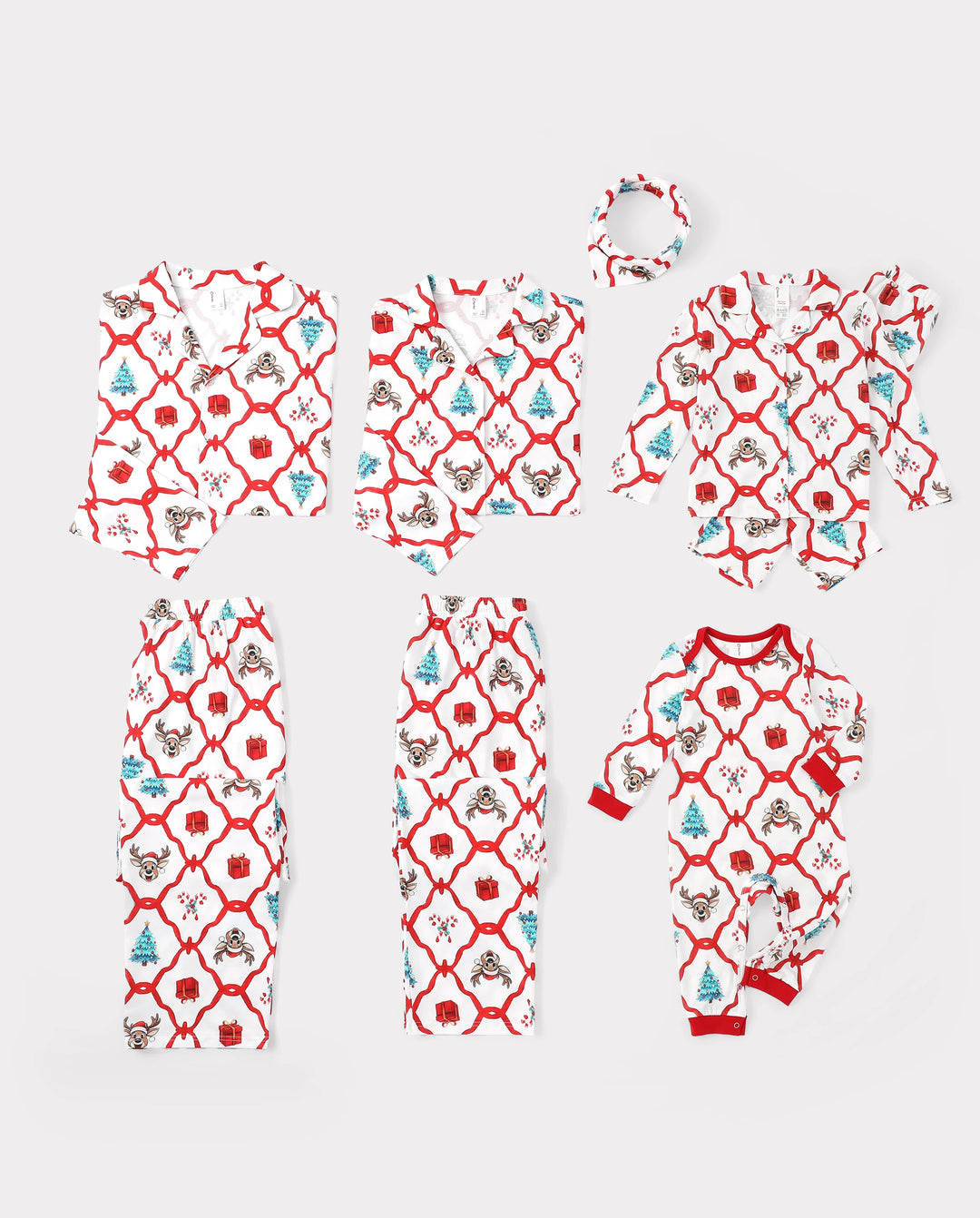 Christmas Matching Family Pajamas Reindeer & Xmas Tree Print Red