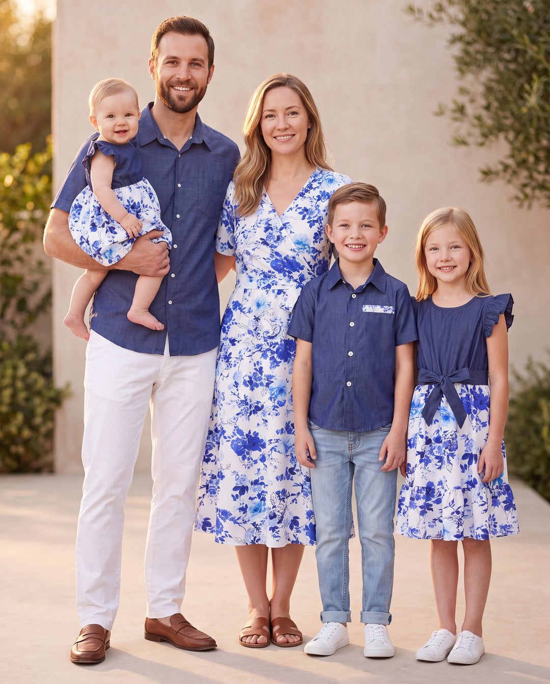 Elegante traje familiar floral de grosor medio, manga corta y corte regular en azul.