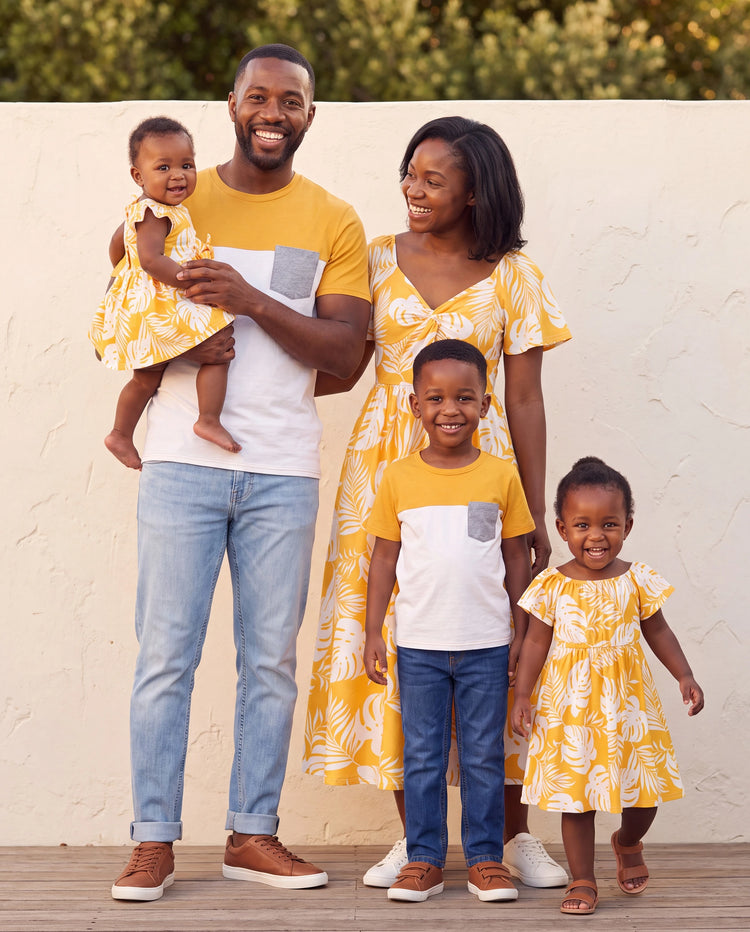 Family Matching Leaf Print  Flutter Dress or Short-sleeve Colorblock Shirts Yellow