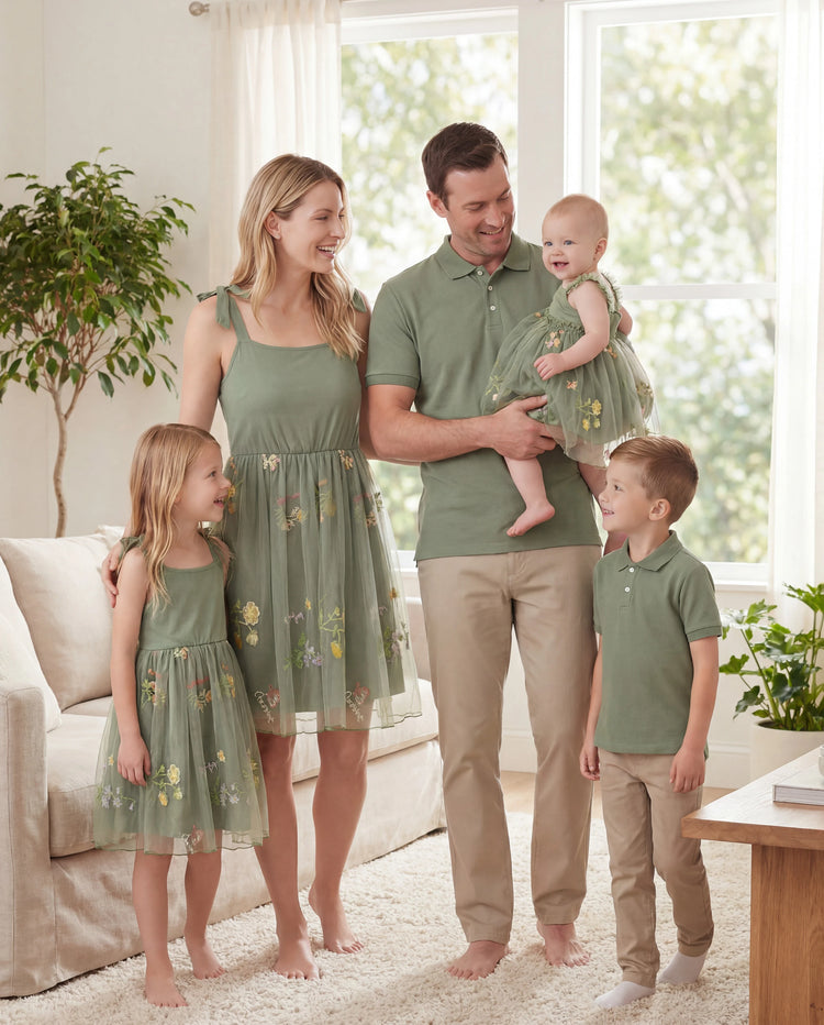 Conjunto familiar a juego Camisa de manga corta con cuello polo o vestido de malla con tirantes en V Verde