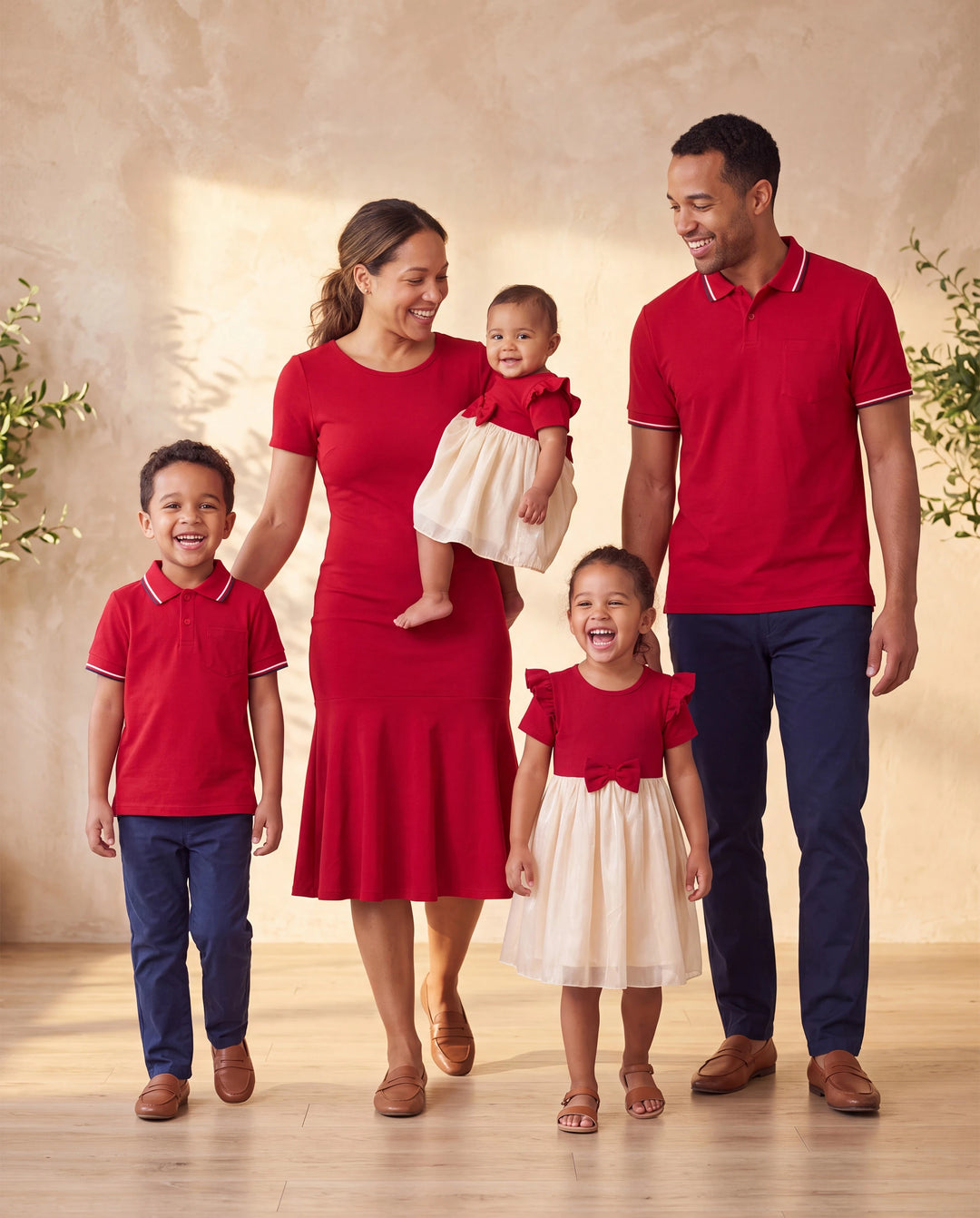Family Matching Solid Color Short-sleeve Laper-collar Tops and Mermaid/Mesh Dresses Sets Red