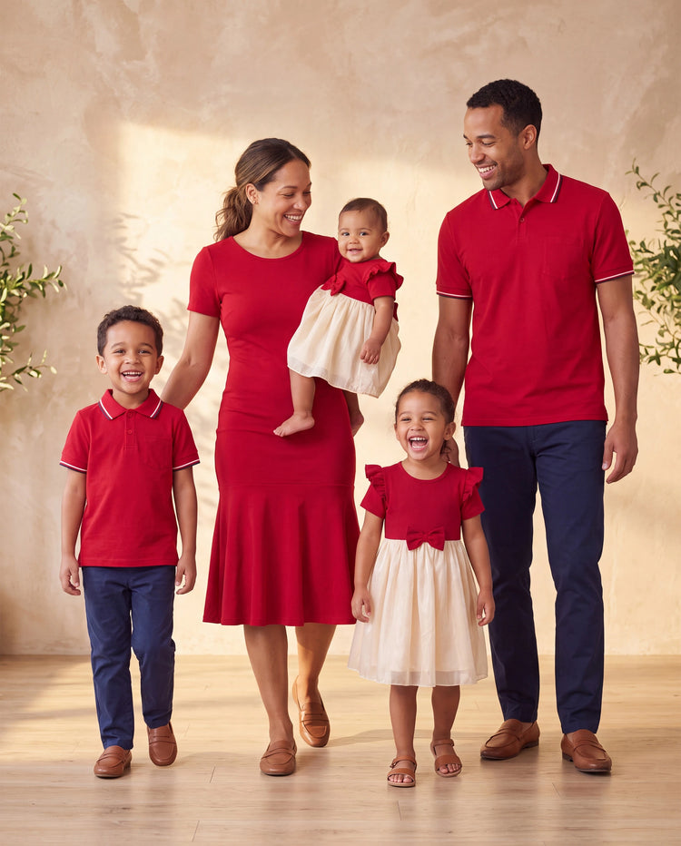 Family Matching Solid Color Short-sleeve Laper-collar Tops and Mermaid/Mesh Dresses Sets Red