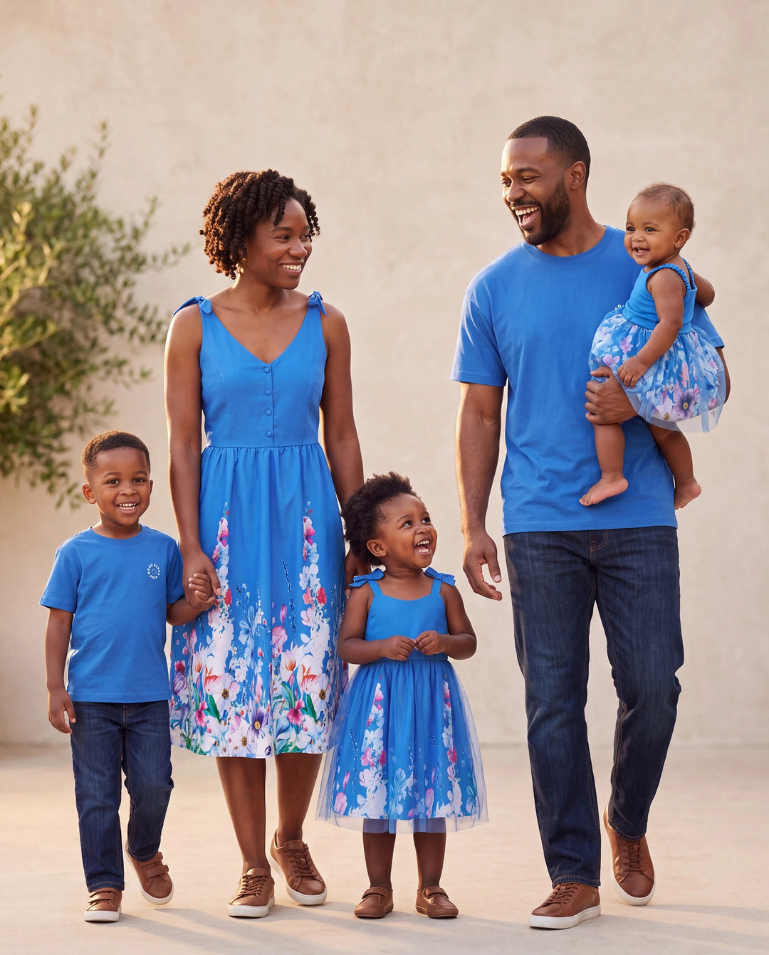 Conjunto de Ropa a Juego para la Familia Vestido Floral sin Mangas o Camiseta de Manga Corta Azul