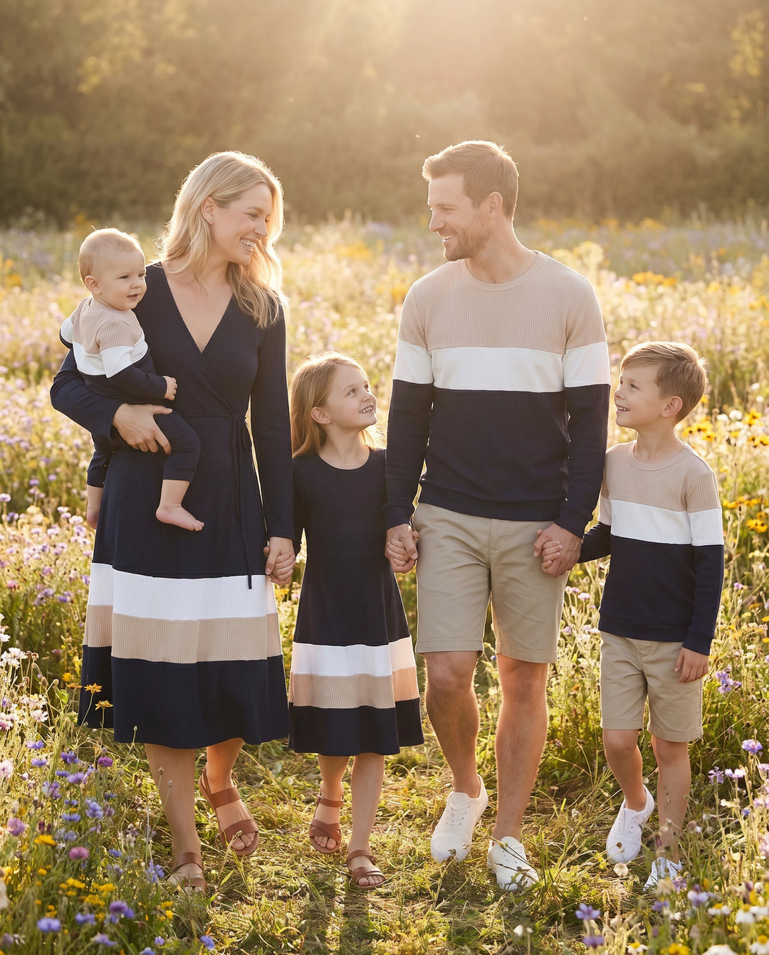 Family Matching Color-Block Knit Long-Sleeved Dresses And Tops Sets Multi-color