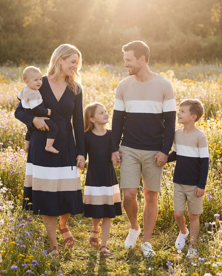 Family Matching Color-Block Knit Long-Sleeved Dresses And Tops Sets Multi-color