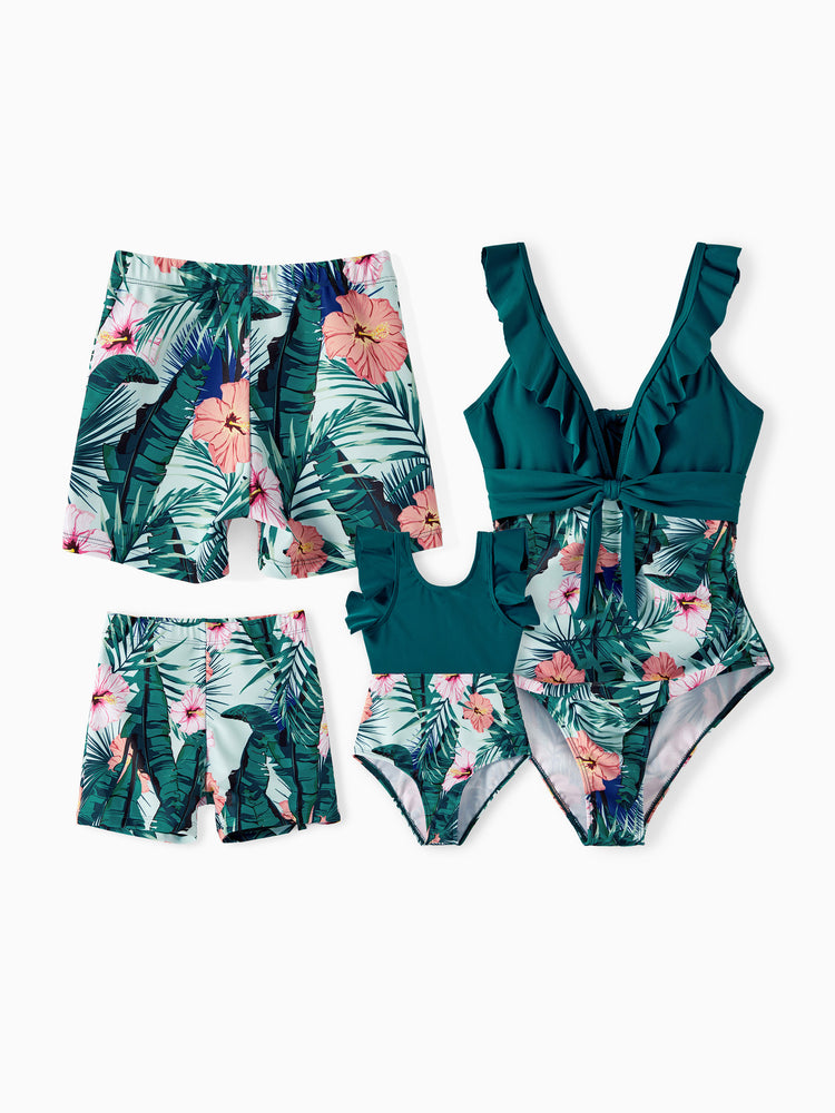 Family Matching Plant Print Ruffle Trim Spliced One-piece Swimsuit or Swim Trunks Green