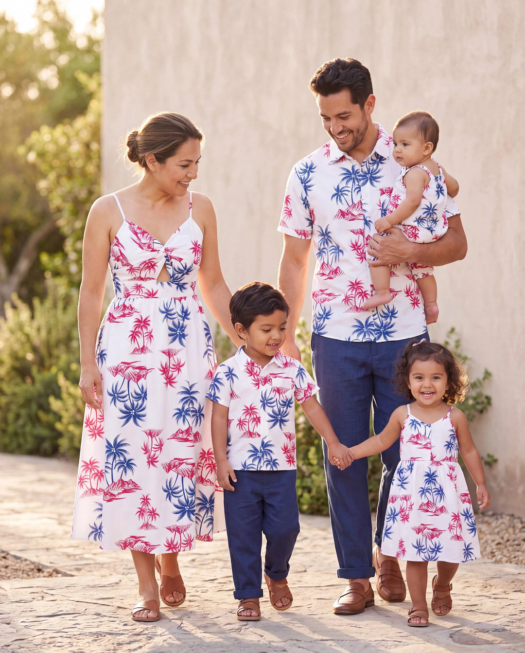 Independence Day Matching Family Outfits Red & Blue Palm Tree Print Hawaiian Vacation Clothes Summer Beach Shirt & Dress Set Multi-color