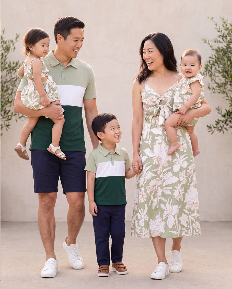 Matching Family Outfits Tropical Floral Print Strap Dress or Short-sleeve Colorblock Shirts Set Pale Green