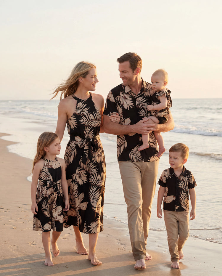Family Matching Solid Leaf Sleeveless Halter Dresses And Short Sleeve Tops Sets Black