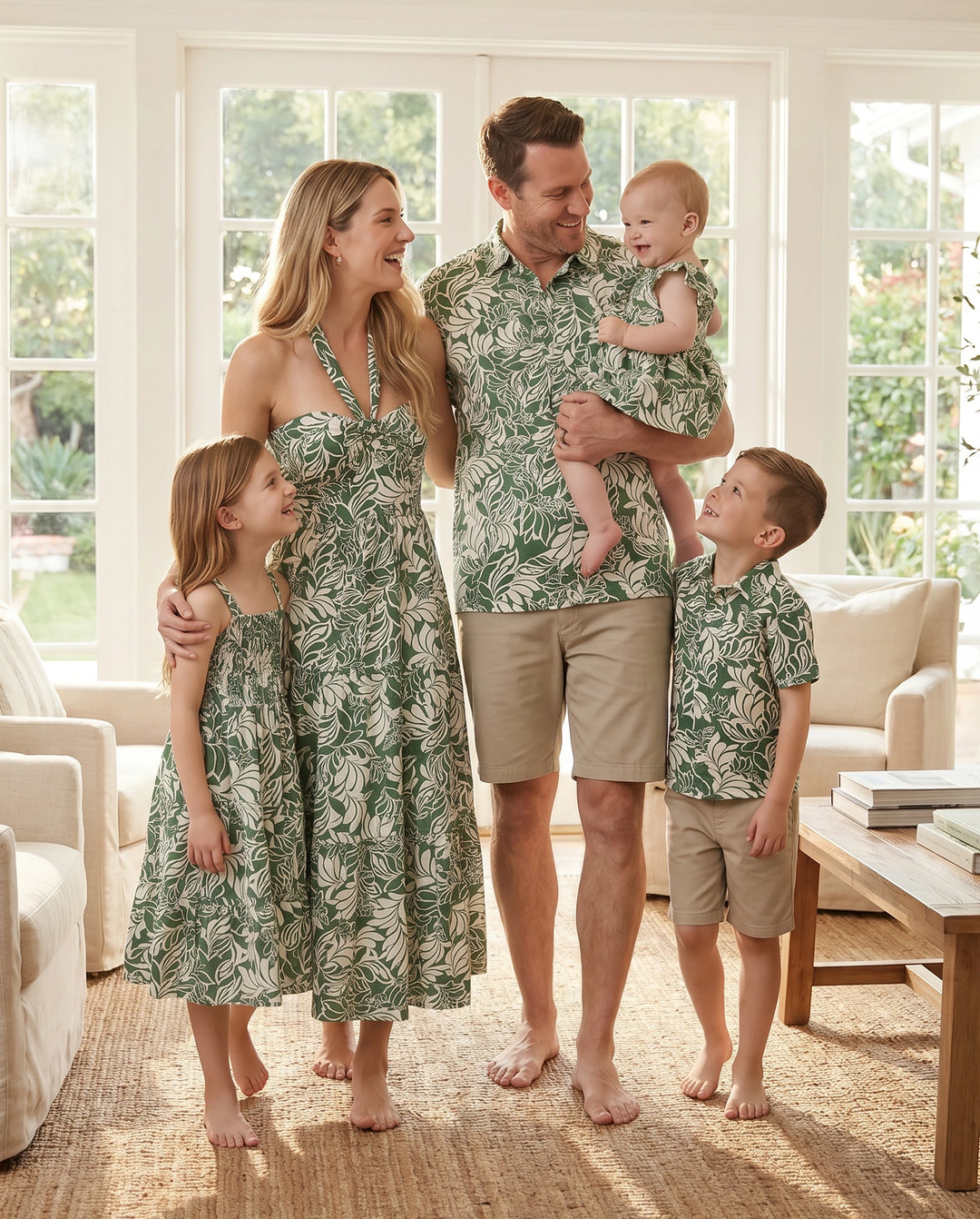 Family Matching Leaf Print Short-sleeve Shirt or Halter Dress Green Set Green