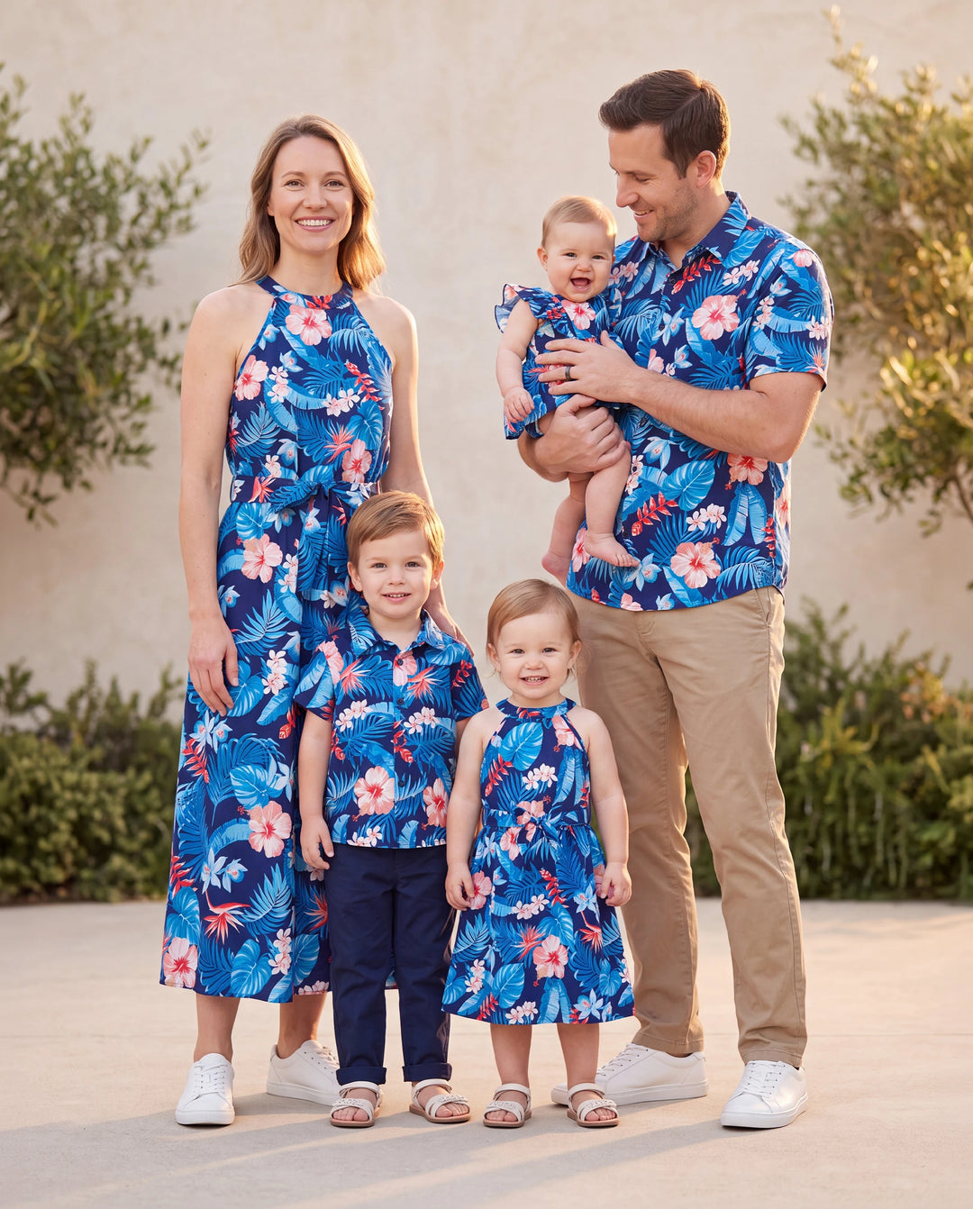 Family Matching Vacation Set Tropical Floral Print Shirt or Halter Dresses for Dad, Mom, Kids & Baby, Perfect for Summer Holidays & Family Photos Deep Blue