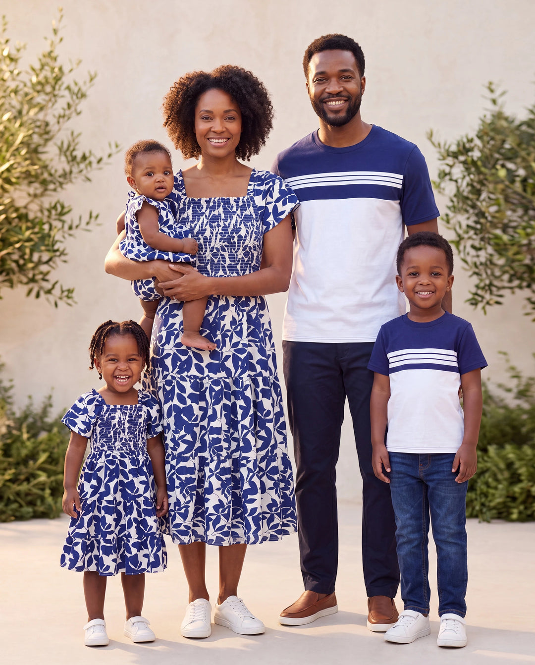 Family Matching Blue Colorblock Tee or Leaf Print Smocking Puff-sleeve Dress Set Blue