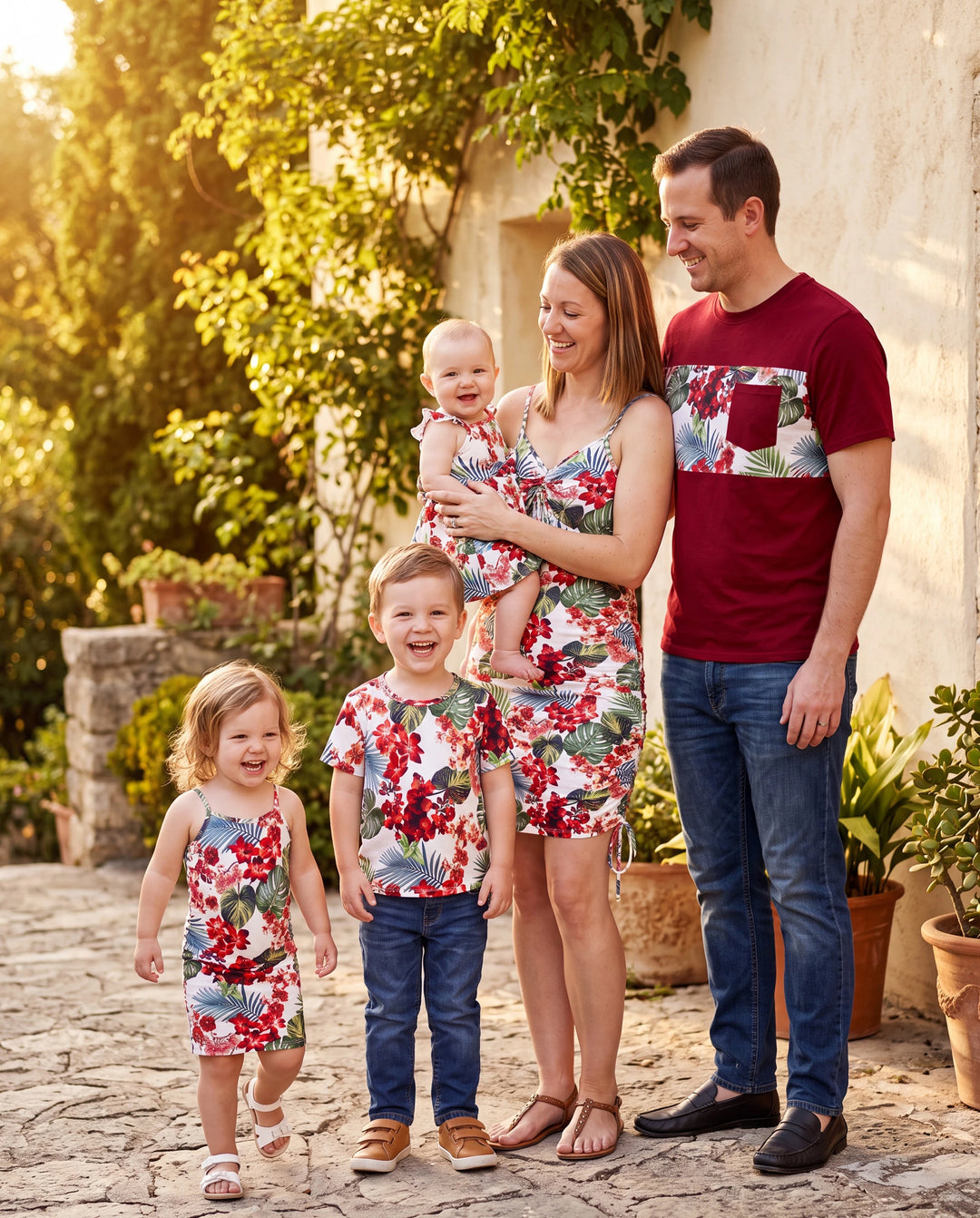 Family Matching Floral Print Outfits Tropical Print Spaghetti Strap Body-con Dress for Mom & Daughter, Color-Blocked T-Shirts for Dad & Son Perfect for Summer Vacations & Family Photos Red
