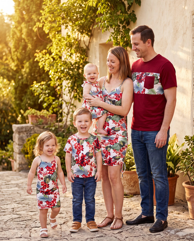 Family Matching Floral Print Outfits Tropical Print Spaghetti Strap Body-con Dress for Mom & Daughter, Color-Blocked T-Shirts for Dad & Son Perfect for Summer Vacations & Family Photos Red