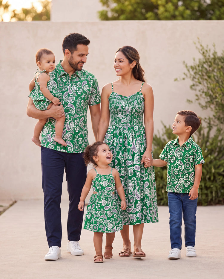 Family Matching Outfits Set Floral Print Short-sleeve Collar Shirt or Strappy Smocked  Dress for Summer Vacation  Green