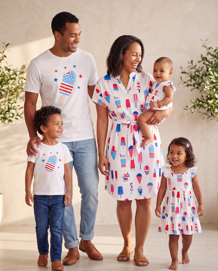 Independence Day Family Matching Patriotic Ice Cream Print Summer Cotton T-shirt & V-Neck Dresses White