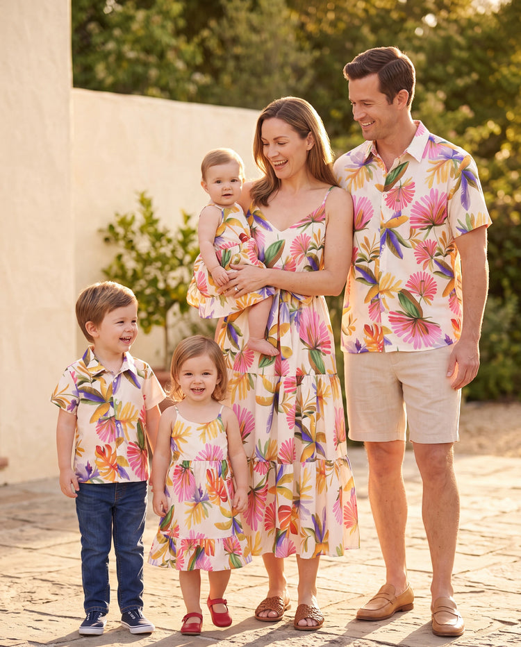 Family Matching Sets Tropical Floral V-Neck Dress & Short Sleeve Tee with Adjustable Straps Deep White Apricot