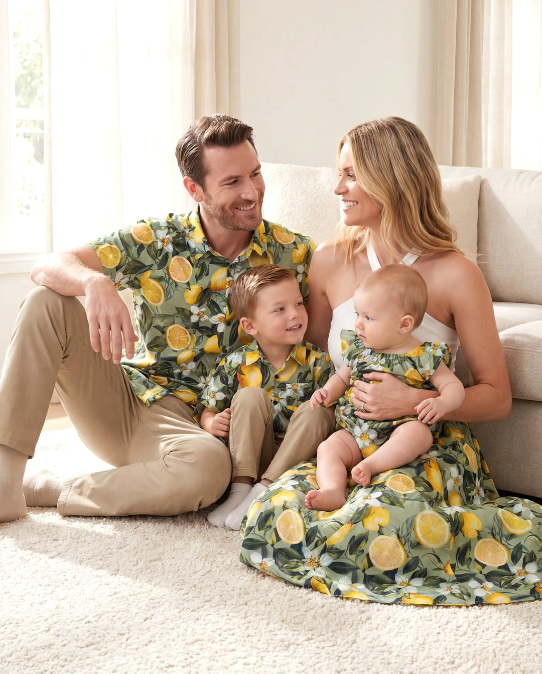 Matching Family Outfits Lemon Print Hawaiian Shirts & Summer Dresses Tropical Vacation Clothes for Men, Women & Kids Green
