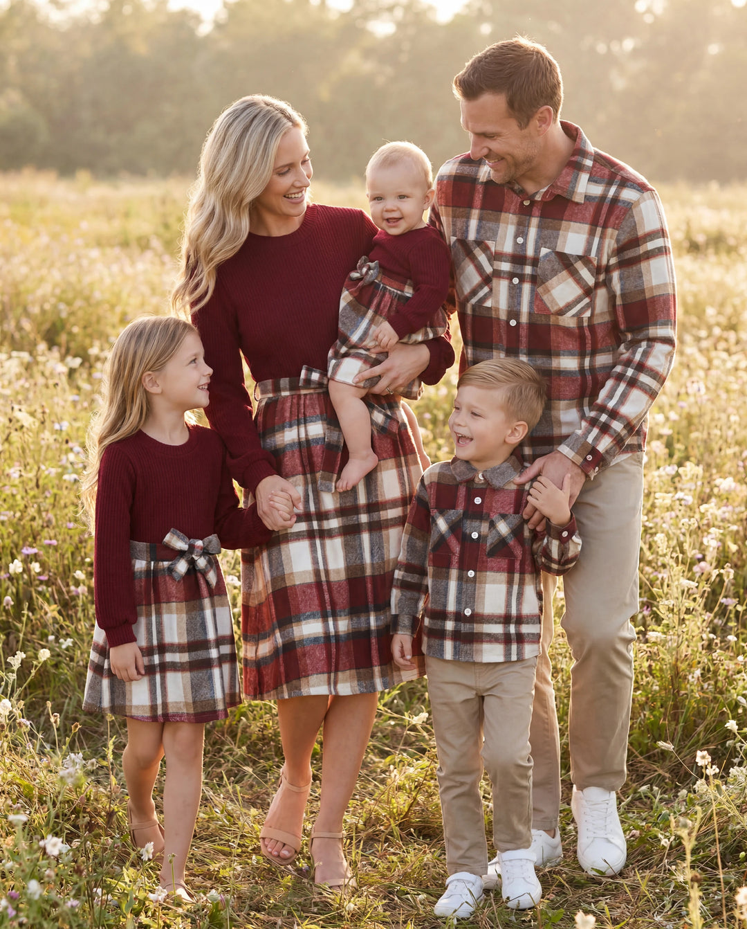 Passende, solide, gerippte, gespleißte, karierte Kleider mit Gürtel und langärmlige Button-up-Hemden-Sets für die Familie kastanienbraun