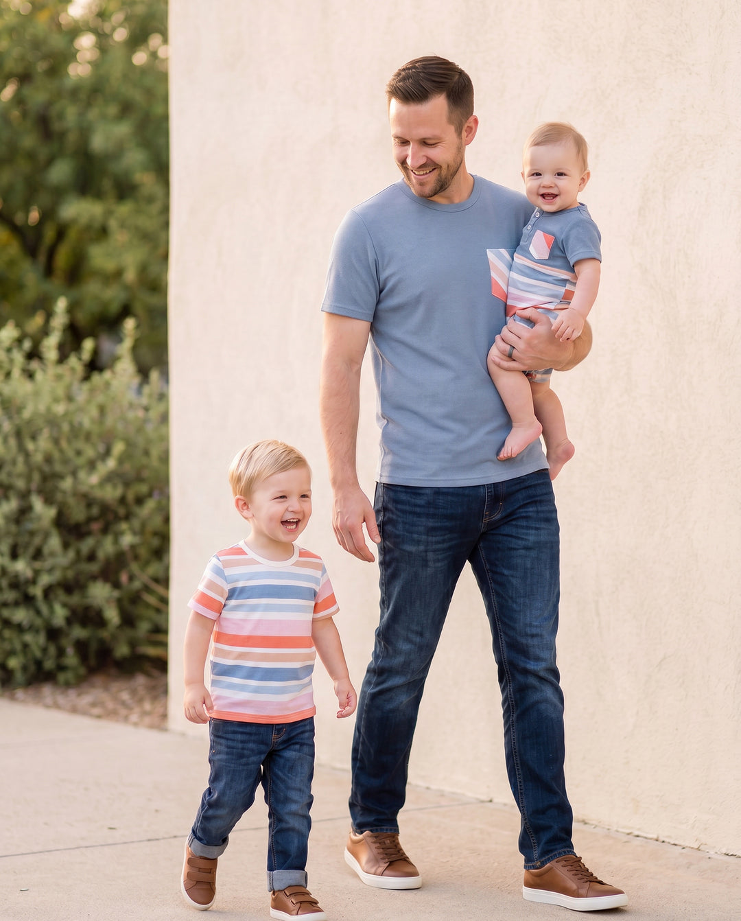 Daddy and Me Family Matching Blue Short-sleeve Tee or Colorful Stripe Camisole Dress Multi-color