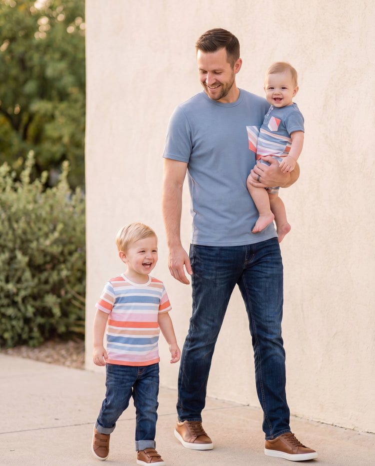 Daddy and Me Family Matching Blue Short-sleeve Tee or Colorful Stripe Camisole Dress Multi-color
