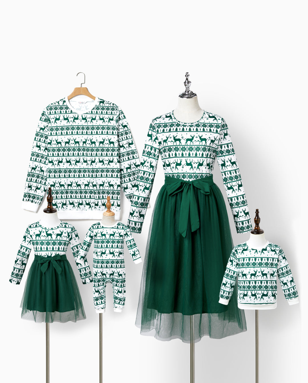 Ensembles de robes et hauts imprimés en maille assortis pour la famille, thème festival vert, Noël