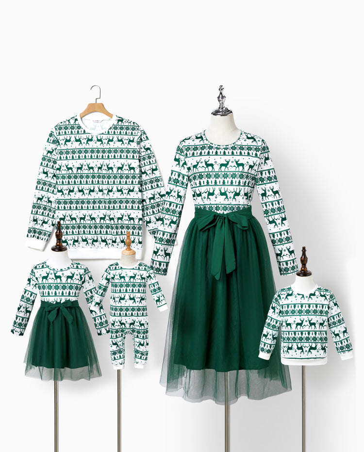 Ensembles de robes et hauts imprimés en maille assortis pour la famille, thème festival vert, Noël