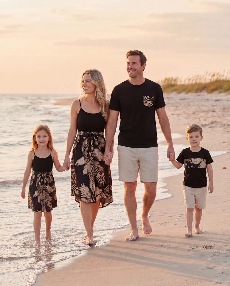 Family Matching Floral Print Belted Cami Dresses And Solid Short Sleeve Tops Sets Black
