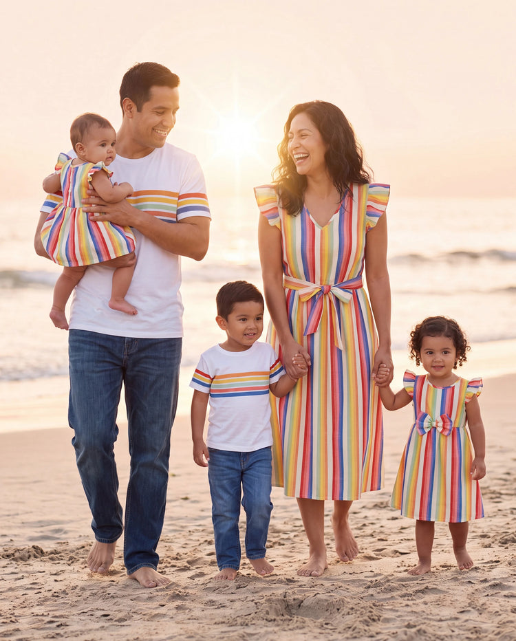 Family Matching Colorful Striped V Neck Flutter-sleeve Dresses and Short-sleeve T-shirts Sets COLOREDSTRIPES