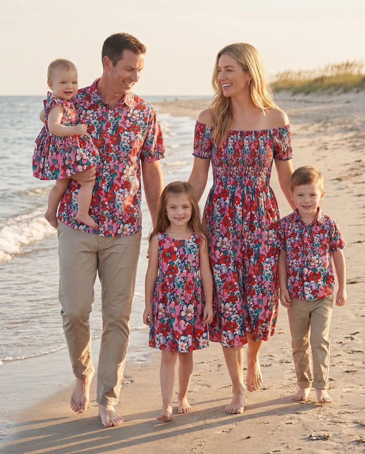 Family Matching Floral Print Short-sleeve Shirt or Off Shoulder Smocking Dresses Set Dark Blue