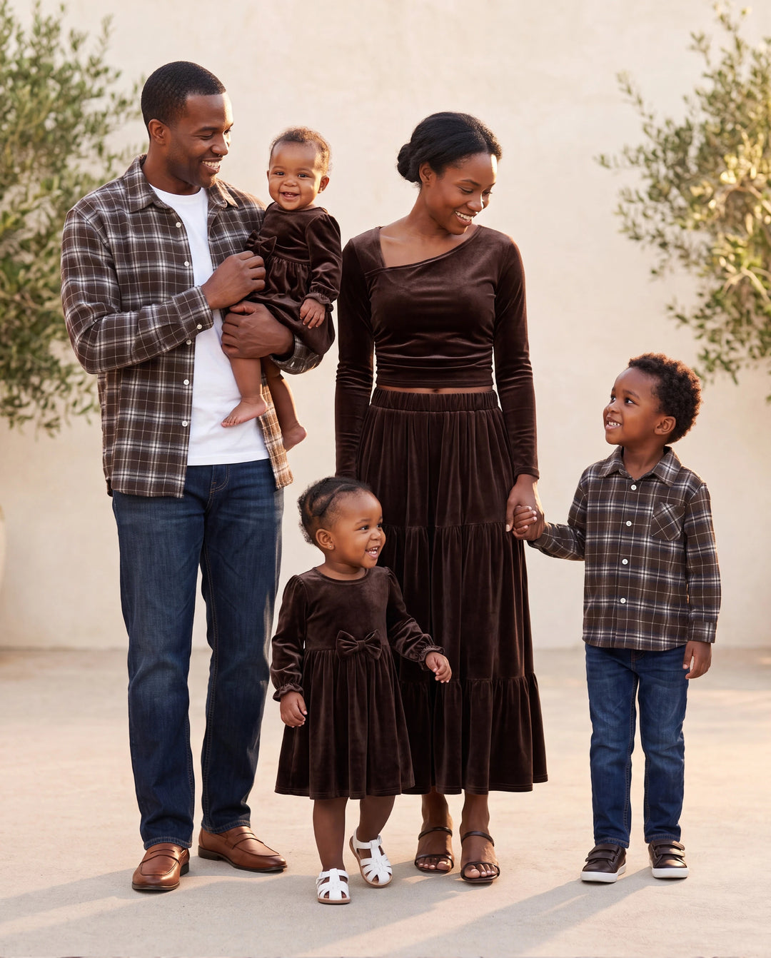 Velvet & Plaid Matching Family Outfits Dad/Son Shirts & Mom/Daughter Velvet Dresses Sets Dark Brown