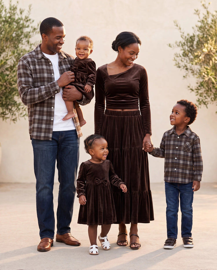 Velvet & Plaid Matching Family Outfits Dad/Son Shirts & Mom/Daughter Velvet Dresses Sets Dark Brown