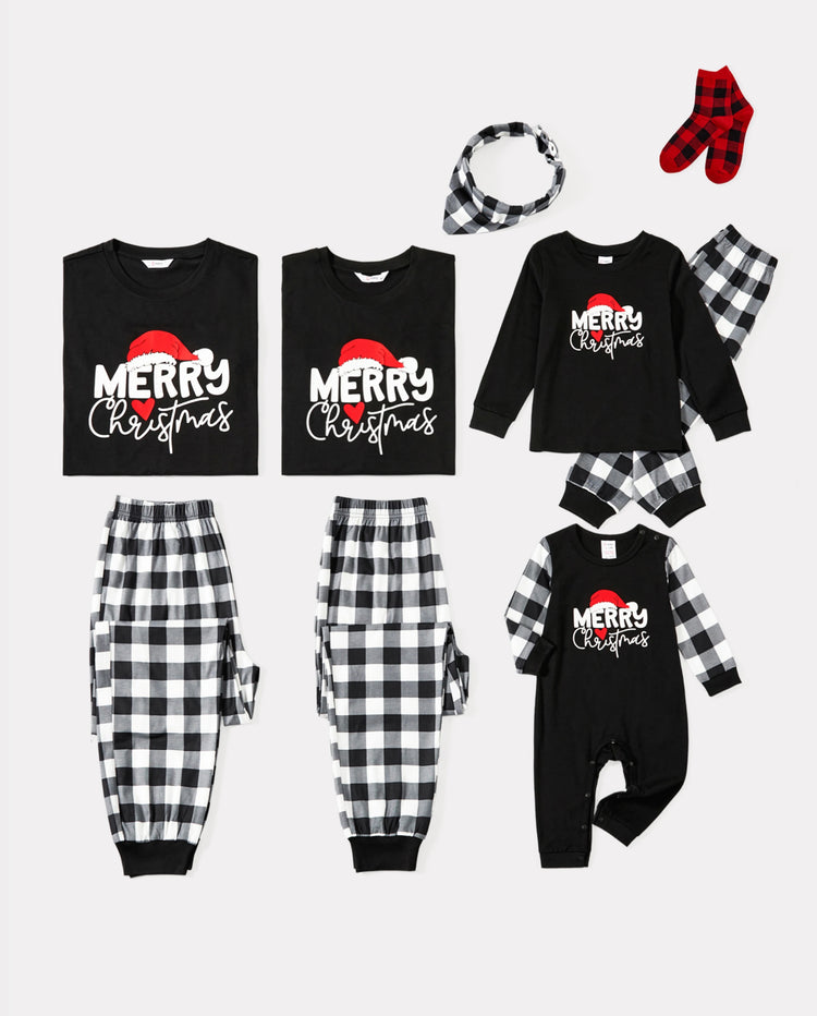 Christmas Family Matching Glow In The Dark Letters Print Long-sleeve Pajamas Sets with Christmas Socks Black+White